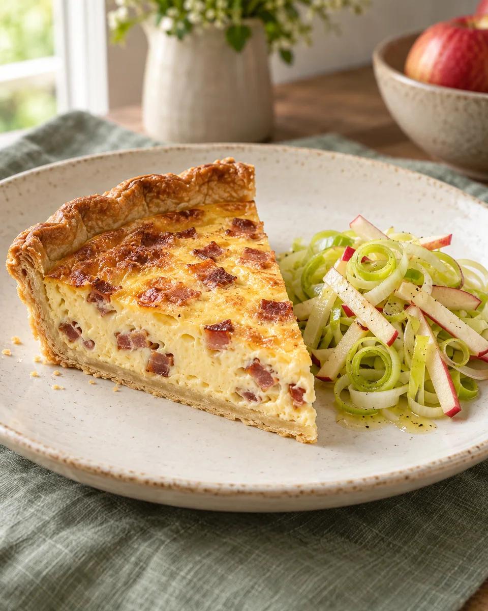 Quiche Lorraine mit Speck und Lauchsalat – KI-generierte Rezeptillustration
