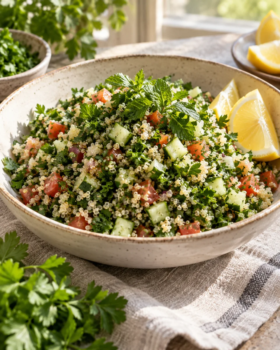 Quinoa-Tabbouleh mit Petersilie und Minze, als fertiges Gericht angerichtet. KI-generierte Rezeptillustration.