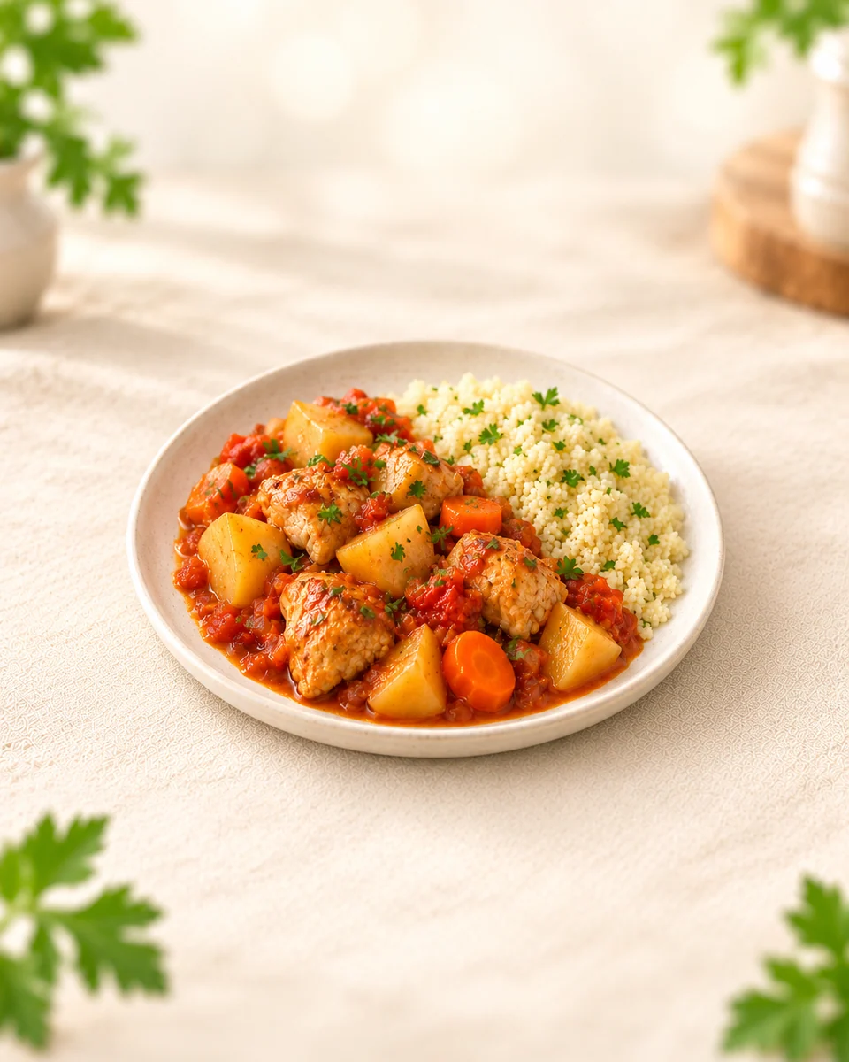 Ein Teller mit gegarten zarten Hähnchenoberkeulenstücken, weichen hellgoldenen Quittenstücken, Möhrenscheiben und rötlicher Tomatensauce neben lockerem Couscous, etwas gehackte Petersilie aus der Zutatenliste. Keine ganzen rohen Quitten als Tellerbestandteil, keine weiteren Beilagen. KI-generierte Rezeptillustration.