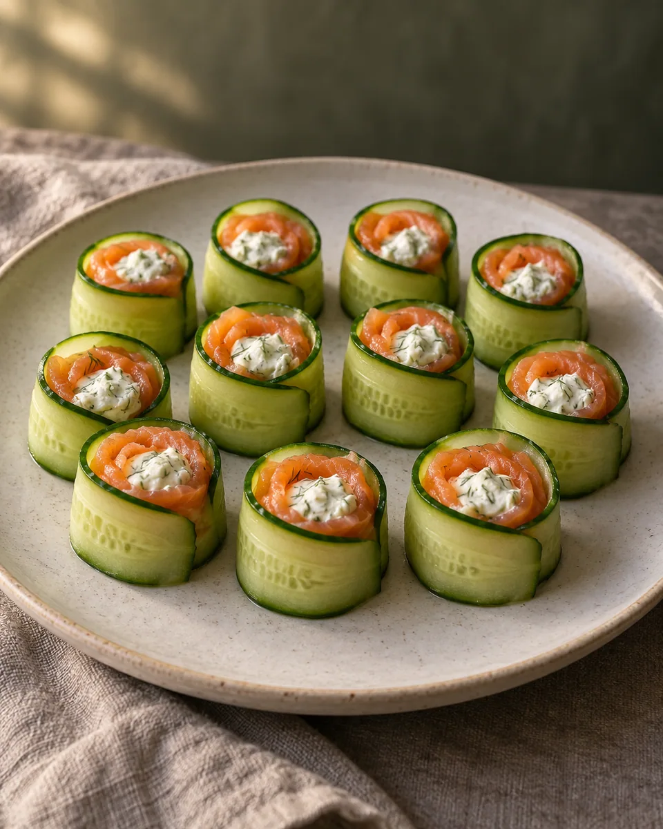 Zwölf Gurkenröllchen mit orangefarbenem Räucherlachs und weißer Dill-Frischkäsefüllung
