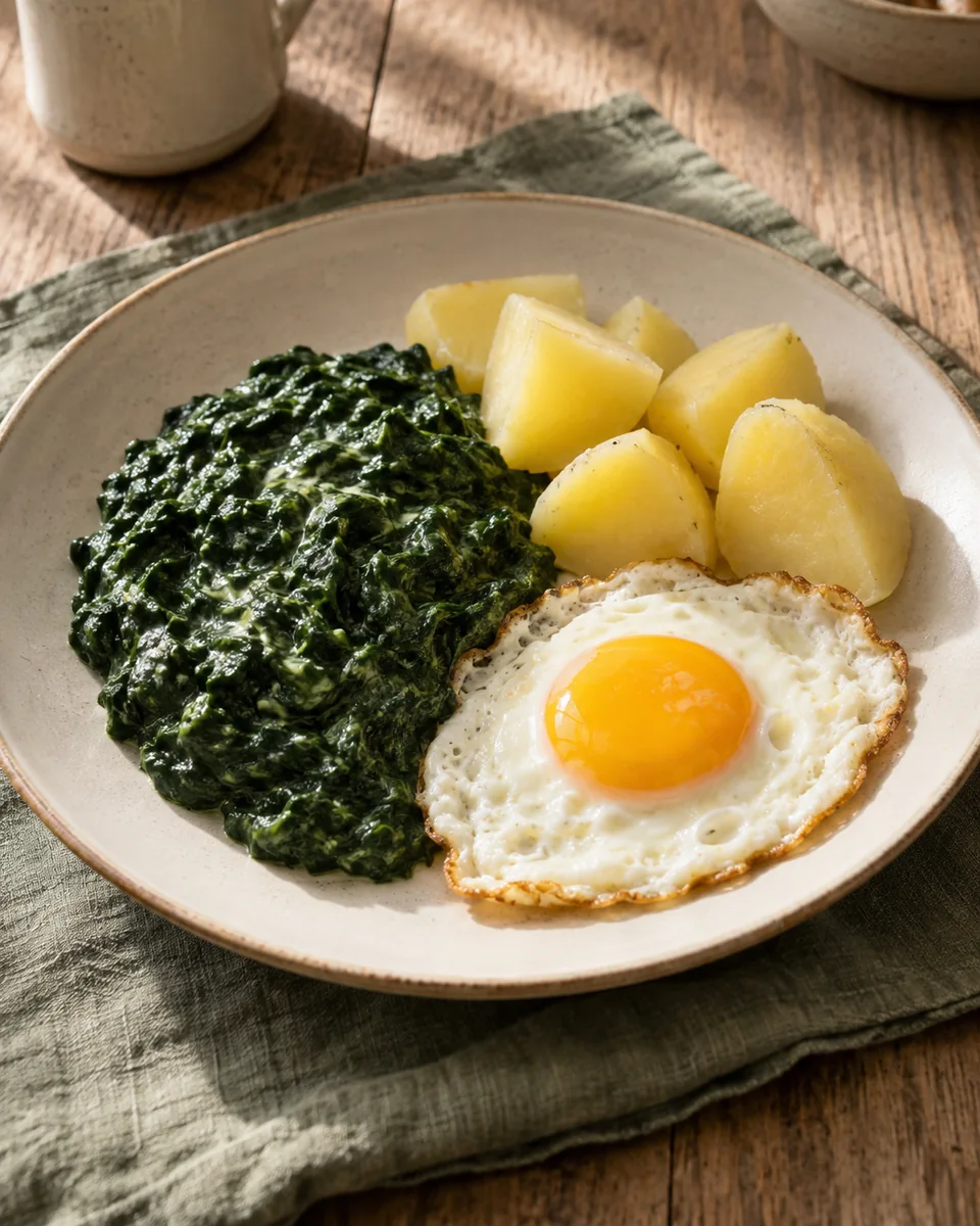 Rahmspinat mit Spiegelei und Kartoffeln – KI-generierte Rezeptillustration