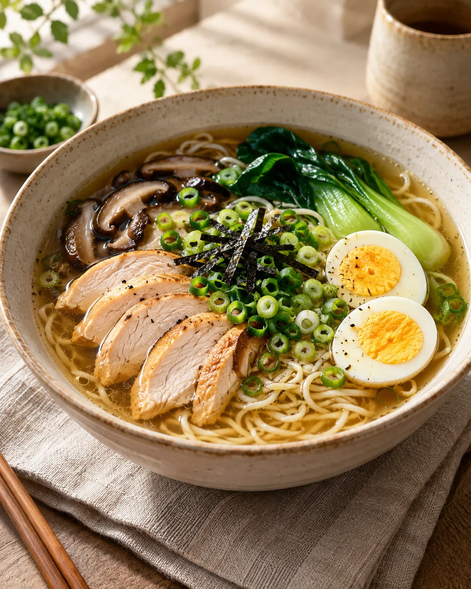 Einfache Ramen mit Hähnchen und Ei, als fertiges Gericht angerichtet. KI-generierte Rezeptillustration.
