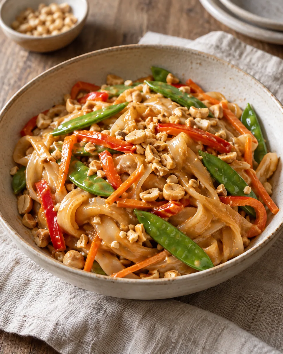 Breite Reisnudeln mit Möhren, Paprika, Zuckerschoten und gehackten Erdnüssen