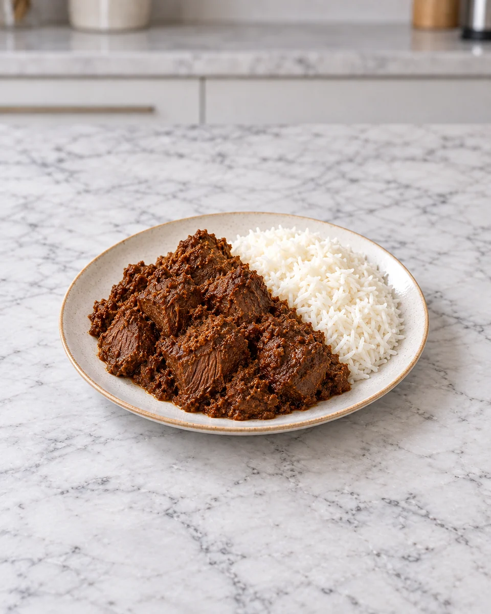 KI-generierte Rezeptdarstellung: Dunkles Rindfleisch-Rendang mit konzentrierter Kokos-Gewürzpaste und weißem Langkornreis.