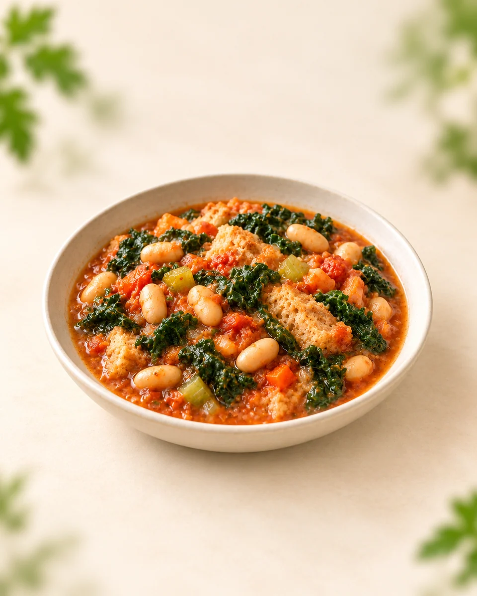 KI-generierte Darstellung einer dicken Ribollita mit Grünkohl, weißen Bohnen und eingeweichten Brotstücken