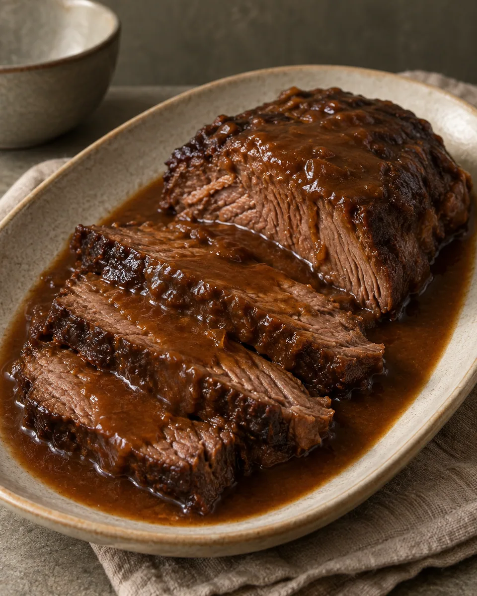 Dicke Scheiben dunklen Rinderschmorbratens mit glatter brauner Sauce