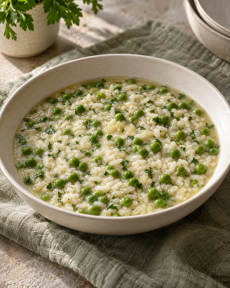 Risi e Bisi mit Erbsen und Parmesan – KI-generierte Rezeptillustration