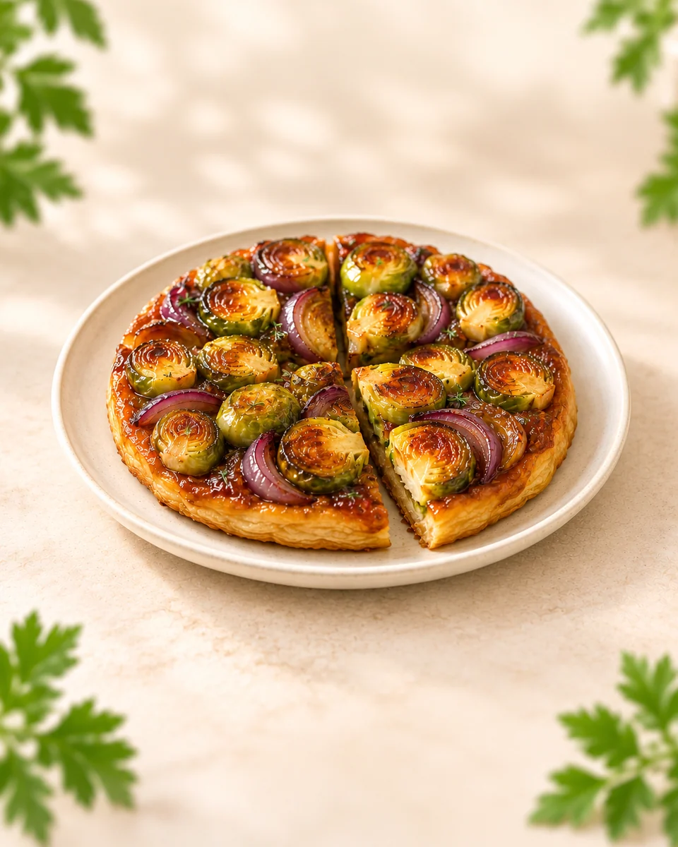 KI-generierte Darstellung: gestürzte Rosenkohl-Tarte-Tatin mit roten Zwiebeln und dünner glänzender Glasur auf Blätterteig.