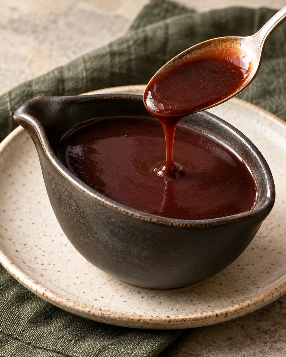 Tiefbraune Rotweinsauce mit feinem Glanz in einer dunklen Sauciere