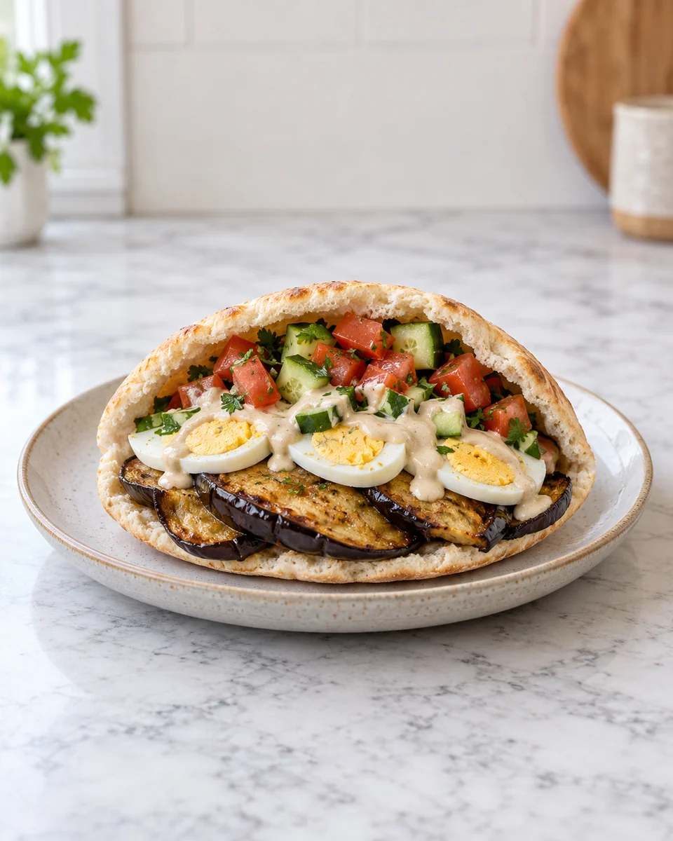 KI-generierte Rezeptdarstellung: Gefüllte Pita mit gerösteter Aubergine, hart gekochtem Ei, Tomate, Gurke und Tahinsauce.