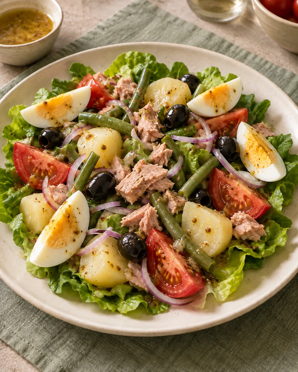 Salade Niçoise mit Thunfisch, Ei und Kartoffeln – KI-generierte Rezeptillustration