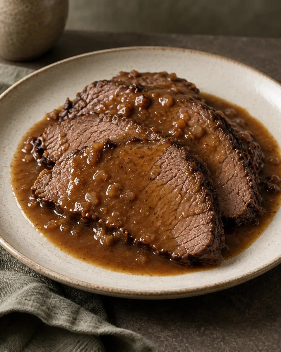 Aufgeschnittener vollständig gegarter Sauerbraten mit glatter brauner Sauce