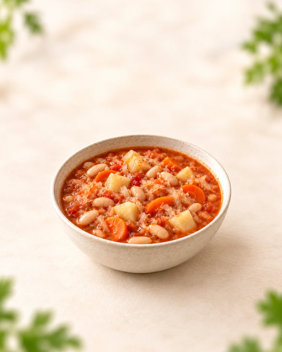 Eine tiefe Schale mit rötlicher Sauerkrautsuppe, sichtbaren weißen Bohnen, weichen Kartoffelwürfeln und Möhrenscheiben. Keine Wurst, kein Brot, keine Petersilie oder andere nicht aufgeführten Garnituren. KI-generierte Rezeptillustration.