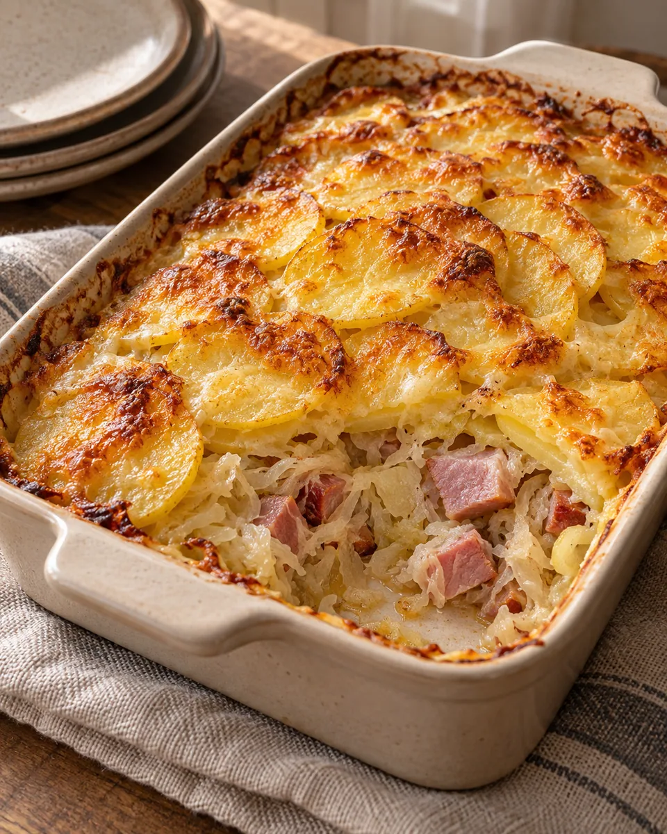 Sauerkraut-Kasseler-Auflauf mit goldener Kartoffel-Käse-Oberfläche