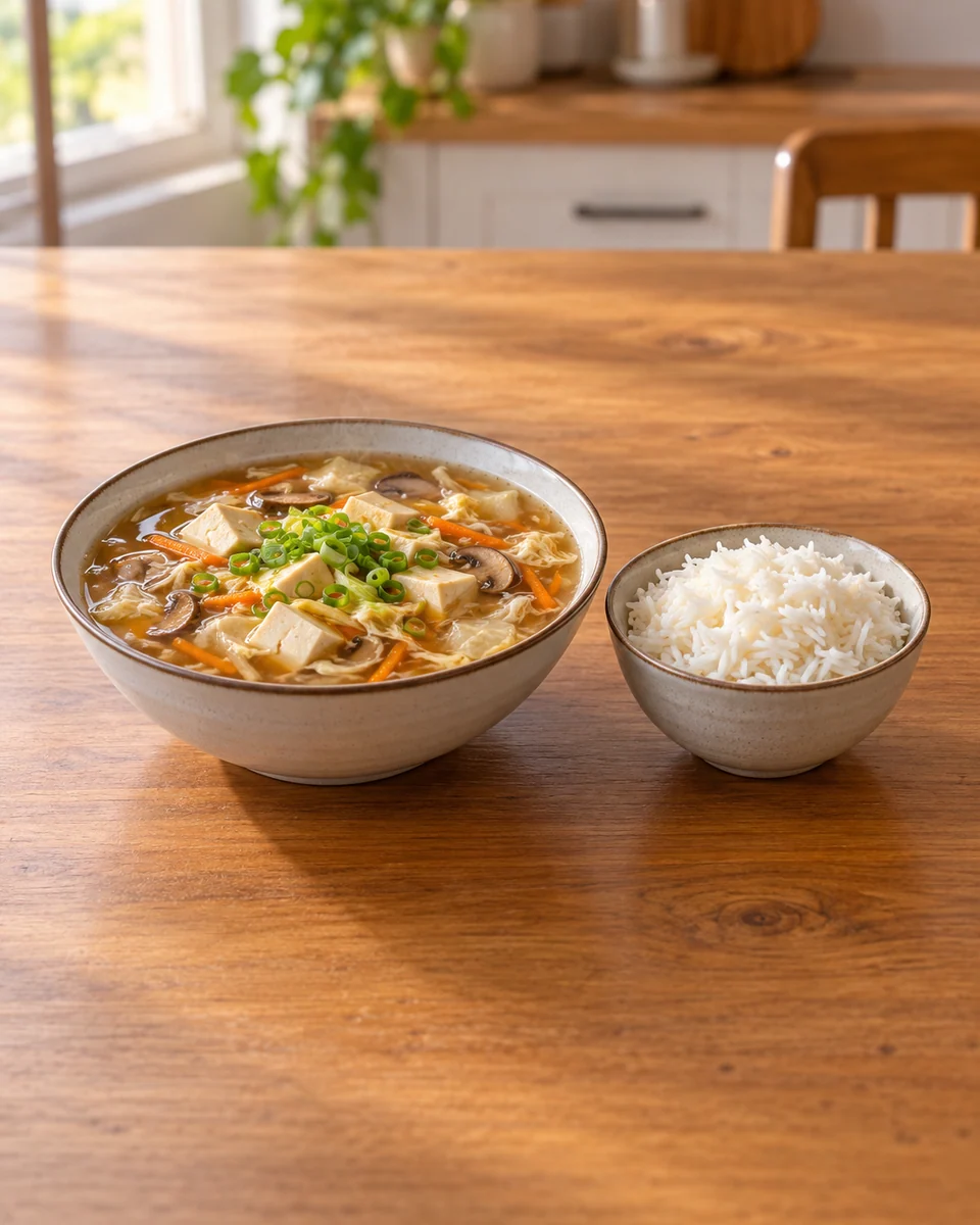 KI-generierte Rezeptdarstellung: Scharf-saure Gemüsesuppe mit Tofu, gegarten Eifäden und Frühlingszwiebeln, daneben weißer Reis.