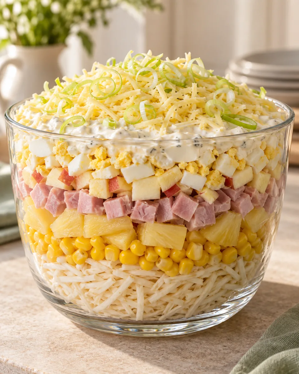 Klassischer Schichtsalat mit Ei und Schinken – appetitlich angerichtete Rezeptillustration