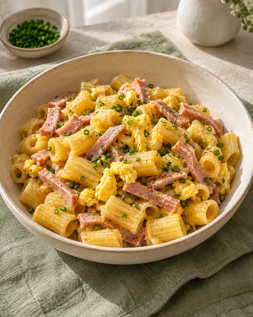 Schinkennudeln mit Ei aus der Pfanne – KI-generierte Rezeptillustration