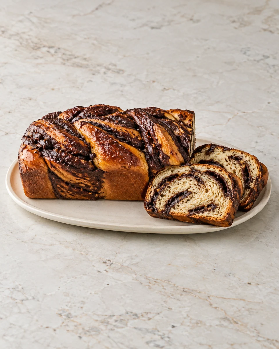 KI-generierte Darstellung einer Schokoladen-Babka mit offenen dunklen Füllungslagen und ausgekühlten Scheiben