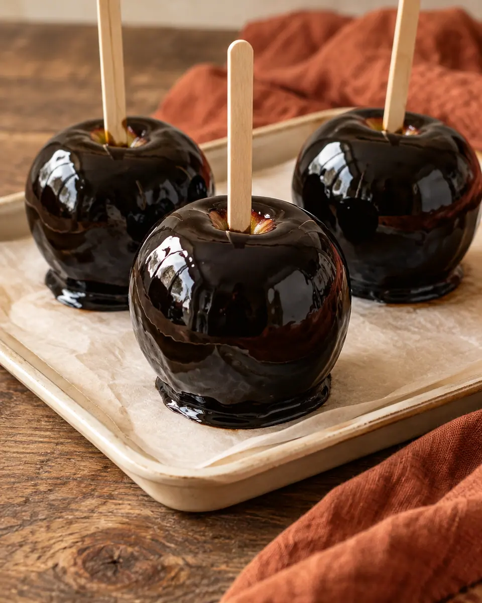 Kleine Äpfel mit glänzender schwarzer Zuckerhülle an schlichten Holzstäbchen
