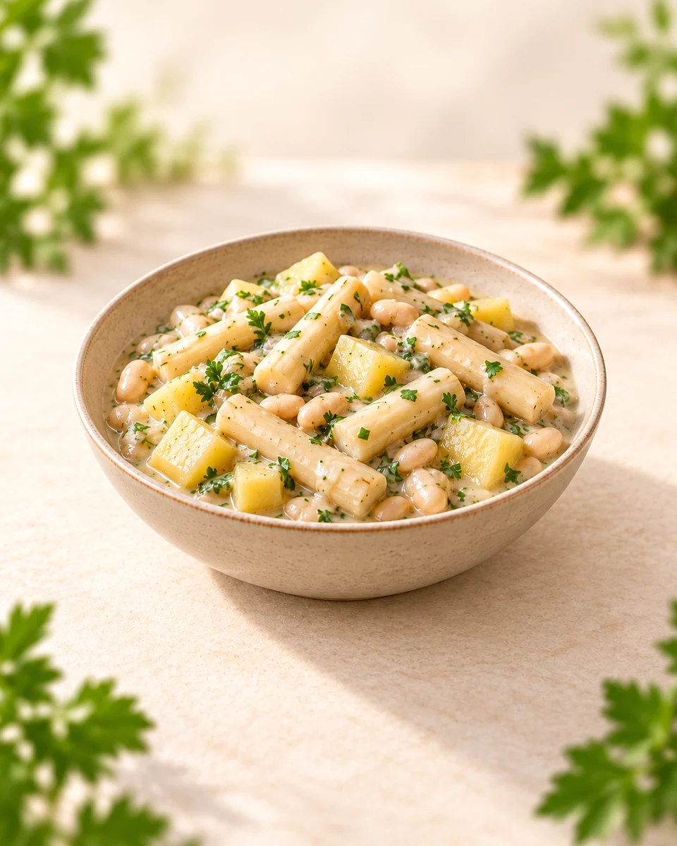 KI-generierte Darstellung: helle Schwarzwurzelstücke, Kartoffelwürfel und weiße Bohnen in cremiger Petersiliensauce.