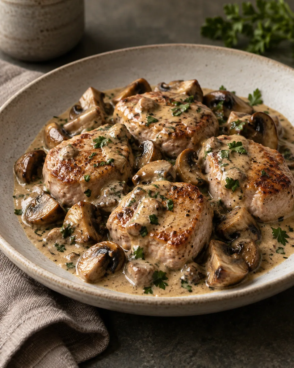 Schweinefiletmedaillons mit gebräunten Champignons in heller Rahmsauce und Petersilie