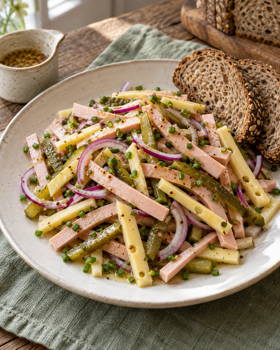 Schweizer Wurstsalat mit Käse und Brot – KI-generierte Rezeptillustration