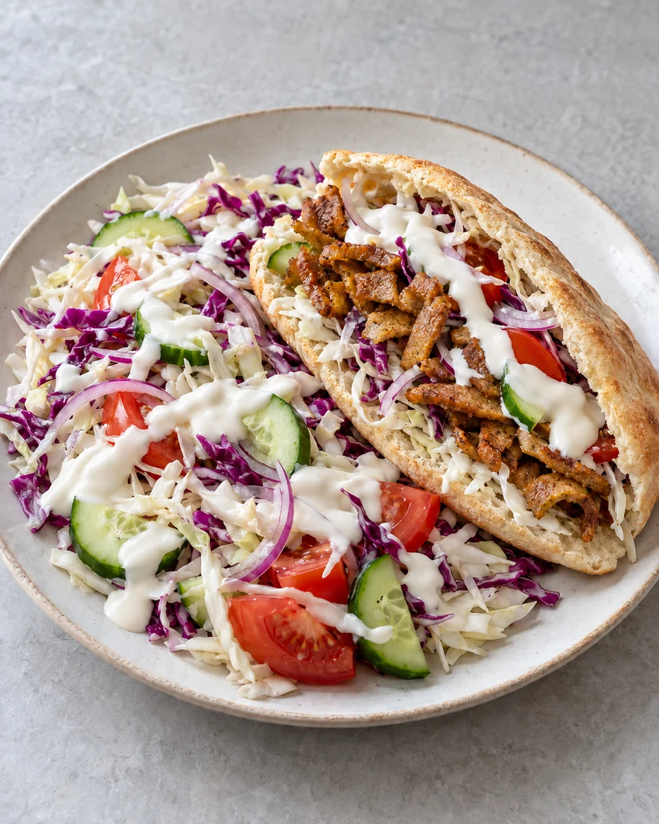 KI-generierte Darstellung: Eine vegane Fladenbrottasche mit gebräunten Seitanstreifen, Weiß- und Rotkohl, Tomate, Gurke und heller Sojajoghurtsauce