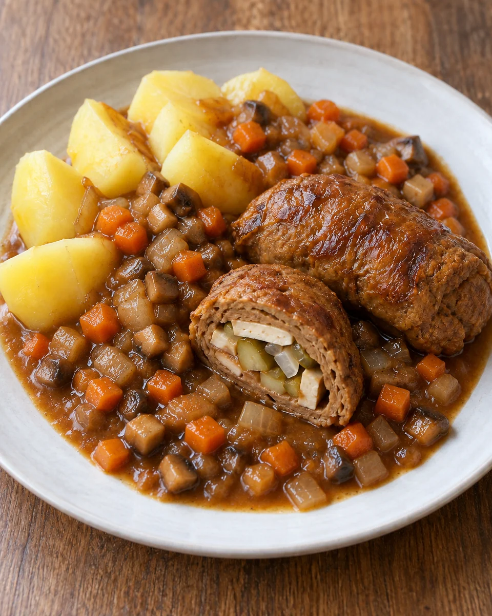 KI-generierte Darstellung: Aufgeschnittene Seitan-Rouladen mit Räuchertofu-Gurken-Füllung, Kartoffeln und brauner Gemüsesauce.