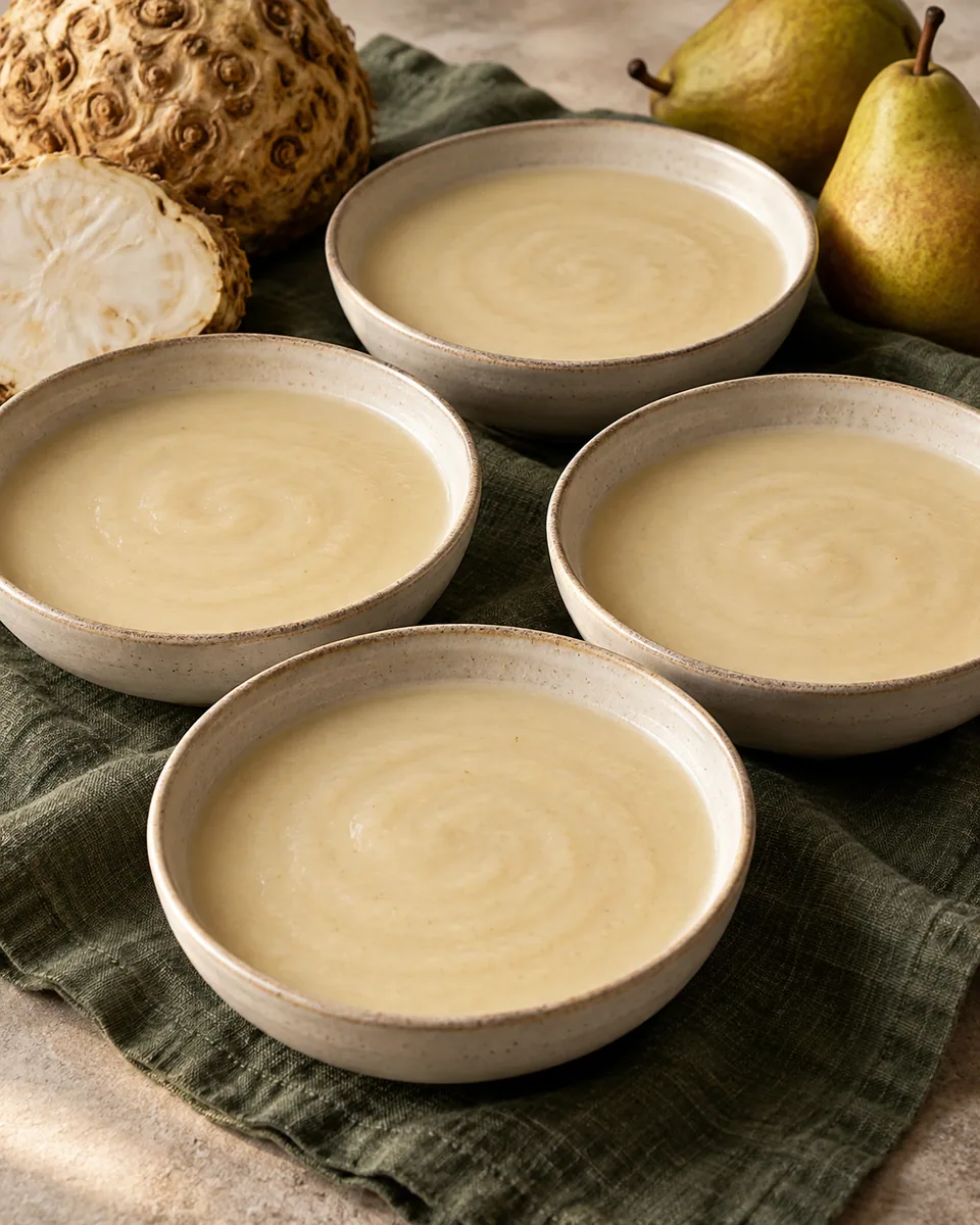 Helle cremige Sellerie-Birnen-Suppe in kleinen Vorspeisenschalen