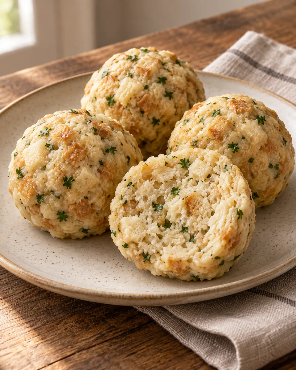 Semmelknödel mit sichtbaren Brotwürfeln und Petersilie