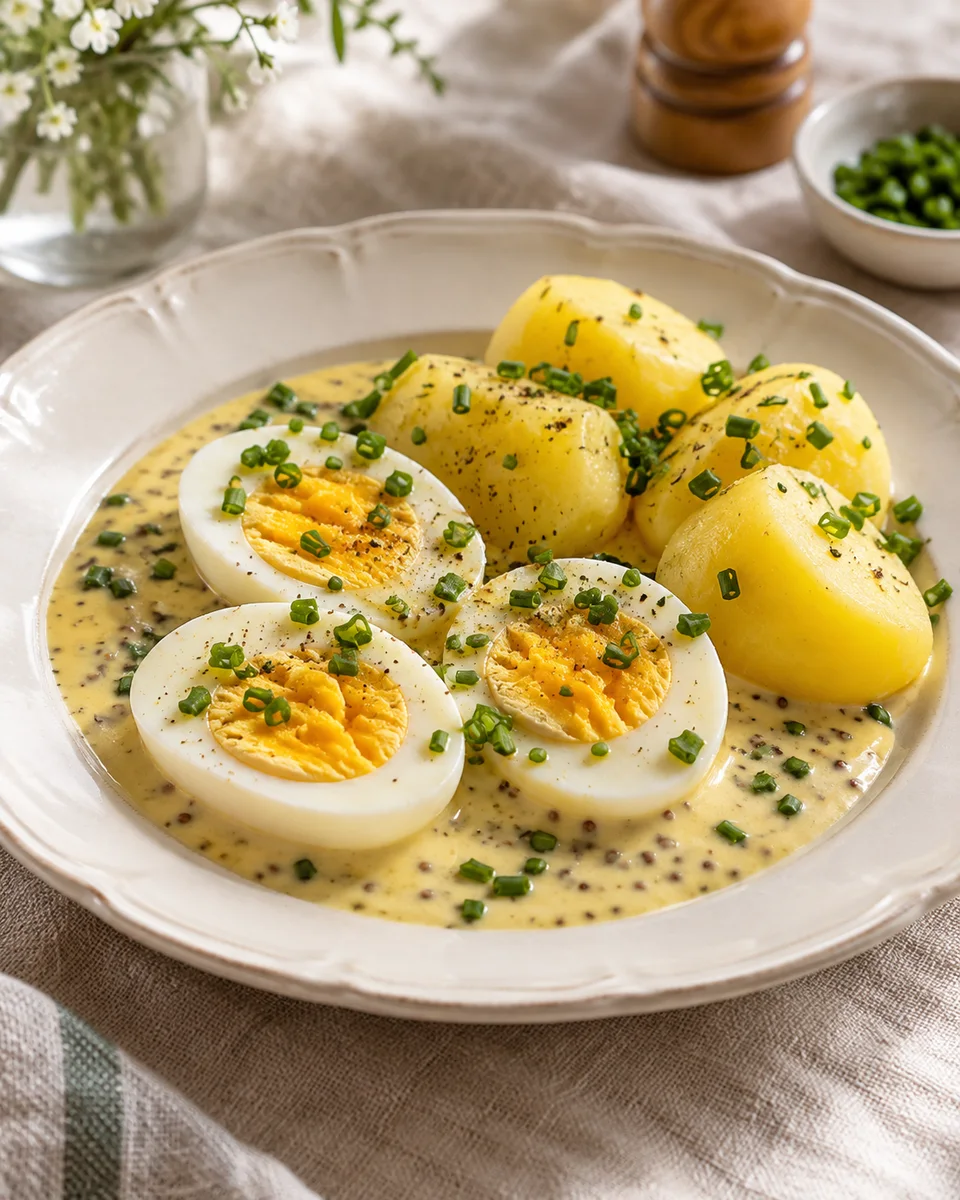 Senfeier mit Salzkartoffeln, als fertiges Gericht angerichtet. KI-generierte Rezeptillustration.