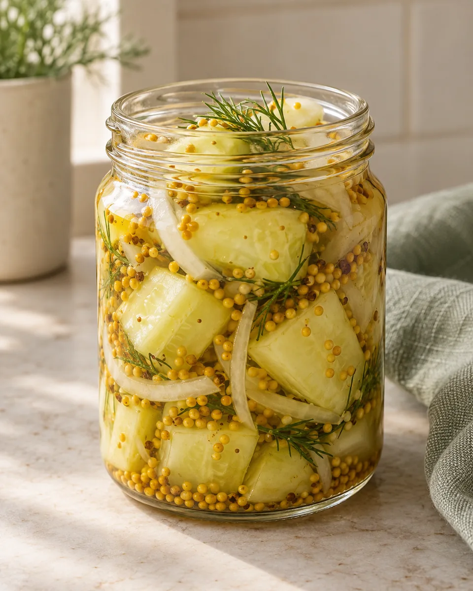 Senfgurken aus Schälgurken für den Kühlschrank – appetitlich angerichtete Rezeptillustration