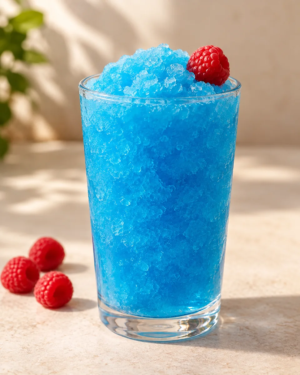 Blue-Raspberry-Slush als feinkristalliner Frozen Drink im Glas