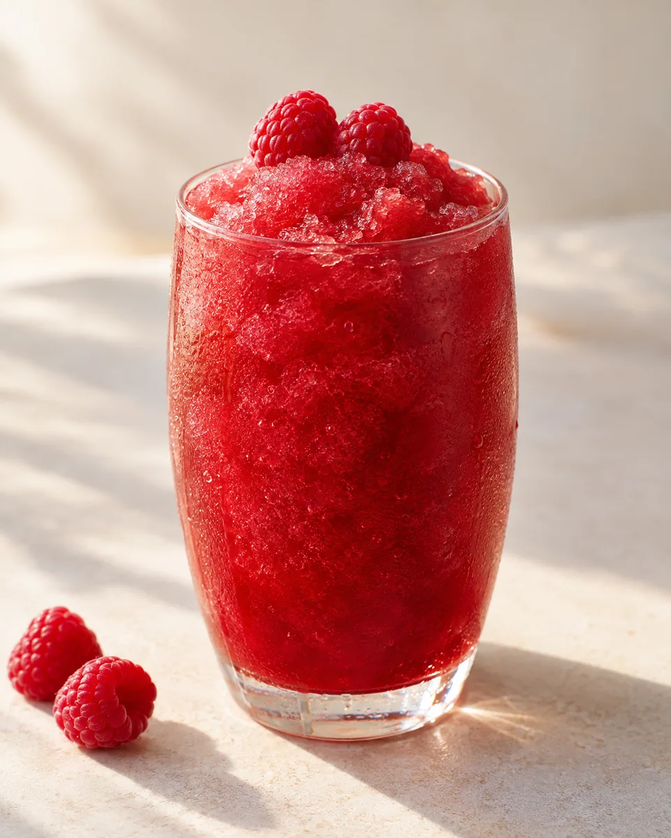 Himbeer-Hibiskus-Slush als feinkristalliner Frozen Drink im Glas