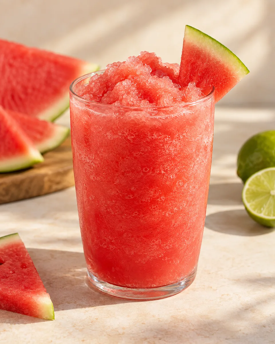 Wassermelonen-Slush als feinkristalliner Frozen Drink im Glas