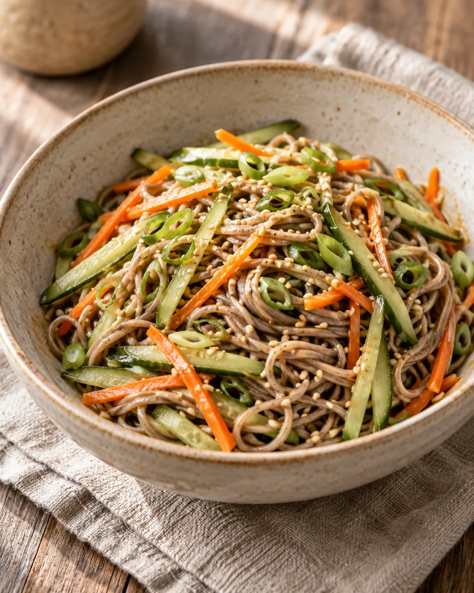 Kalte Soba-Nudeln mit Gurke, Möhren, Frühlingszwiebeln und Sesam