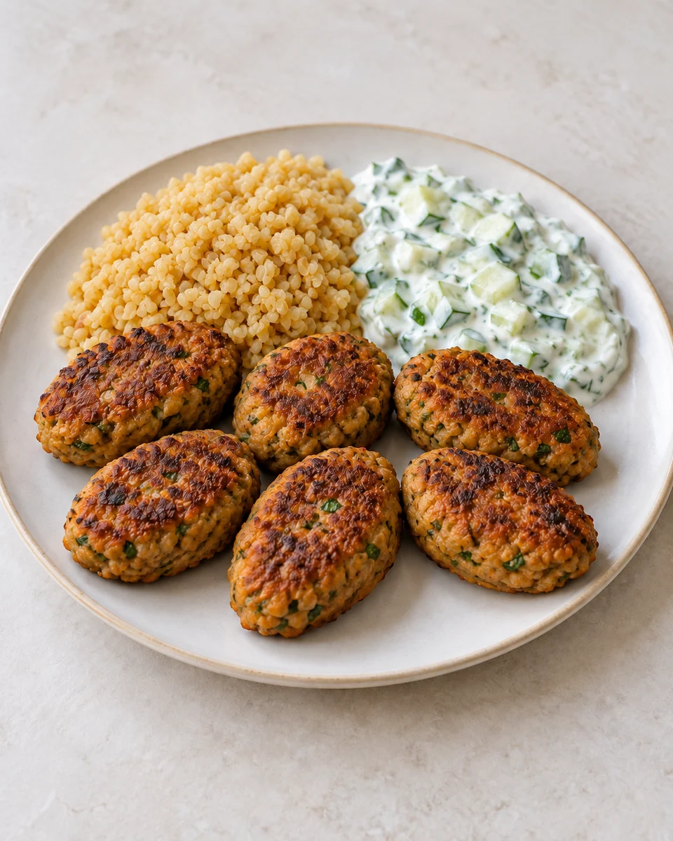 KI-generierte Darstellung: Sechs goldbraune ovale Soja-Köfte mit Bulgur und hellem Gurken-Petersilien-Joghurt auf einem Teller