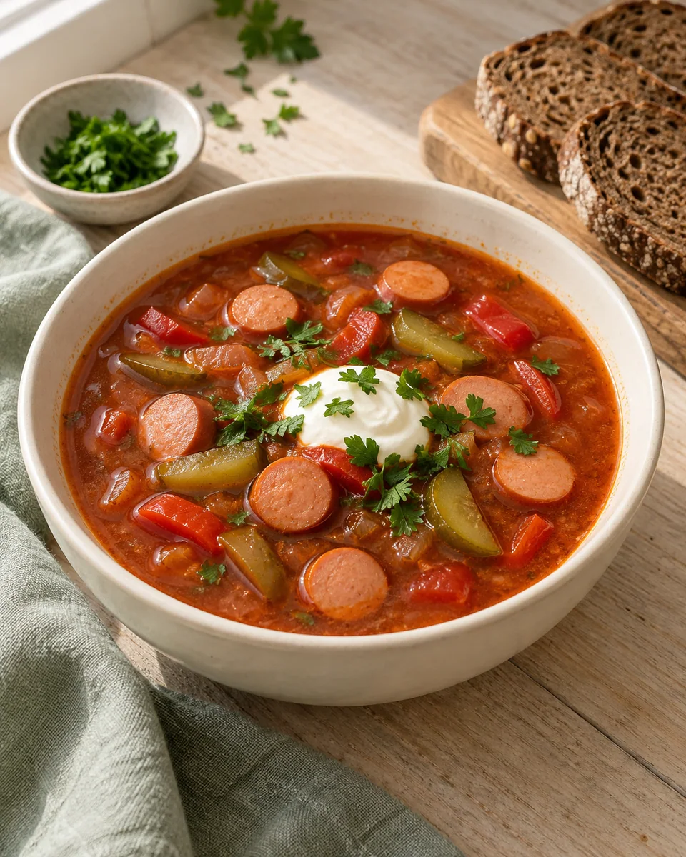 Soljanka mit Würstchen und Gewürzgurken – KI-generierte Rezeptillustration