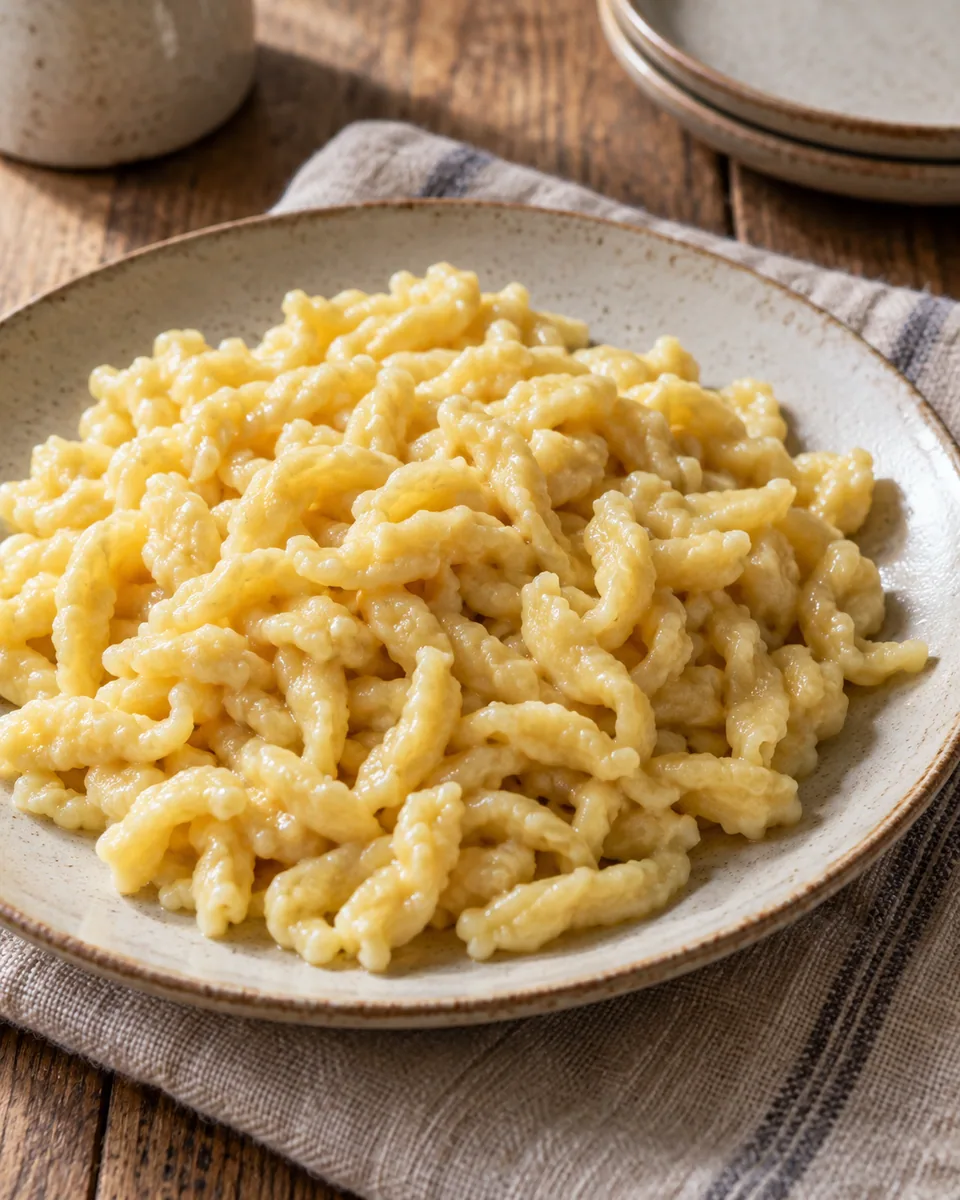Unregelmäßig geformte hausgemachte Spätzle mit leichtem Butterglanz