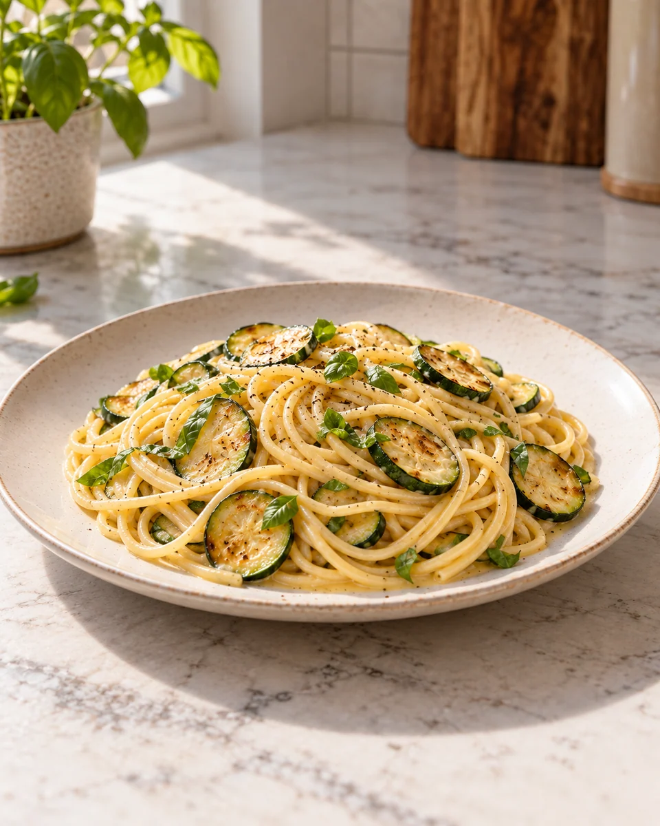 KI-generierte Rezeptdarstellung: Spaghetti in einer dünnen hellen Käseemulsion mit gebräunten Zucchinischeiben und Basilikum.