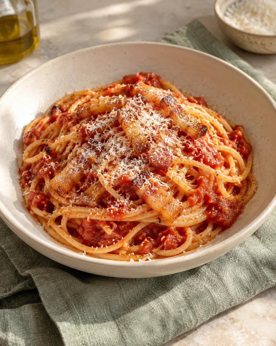 Spaghetti all'Amatriciana mit Speck und Tomaten – KI-generierte Rezeptillustration