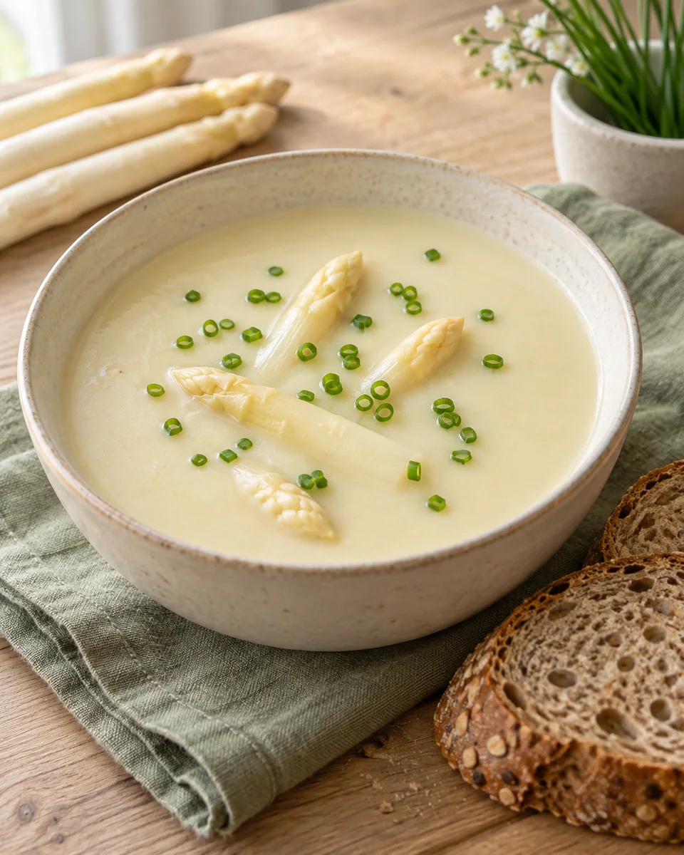 Spargelcremesuppe aus weißem Spargel – KI-generierte Rezeptillustration