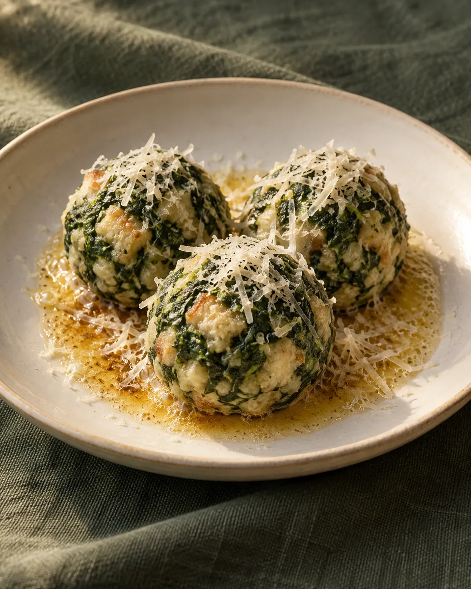 Grüne Spinatknödel mit brauner Butter und vegetarischem Hartkäse