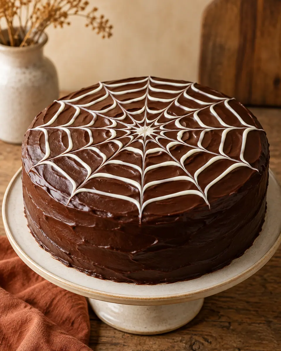 Runder Schokoladenkuchen mit dunkler Ganache und einem feinen weißen Spinnennetz