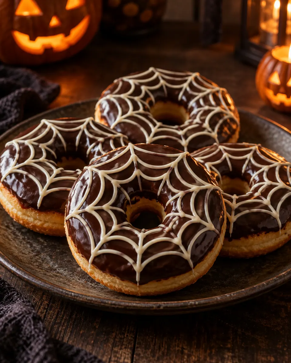Vanille-Donuts mit dunkler Schokoladenglasur und feinen weißen Schokoladen-Spinnennetzen