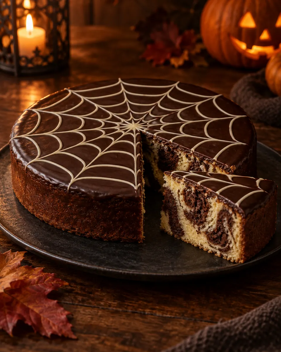 Runder Marmorkuchen mit weißem Schokoladennetz auf dunklem Guss und marmoriertem Anschnitt