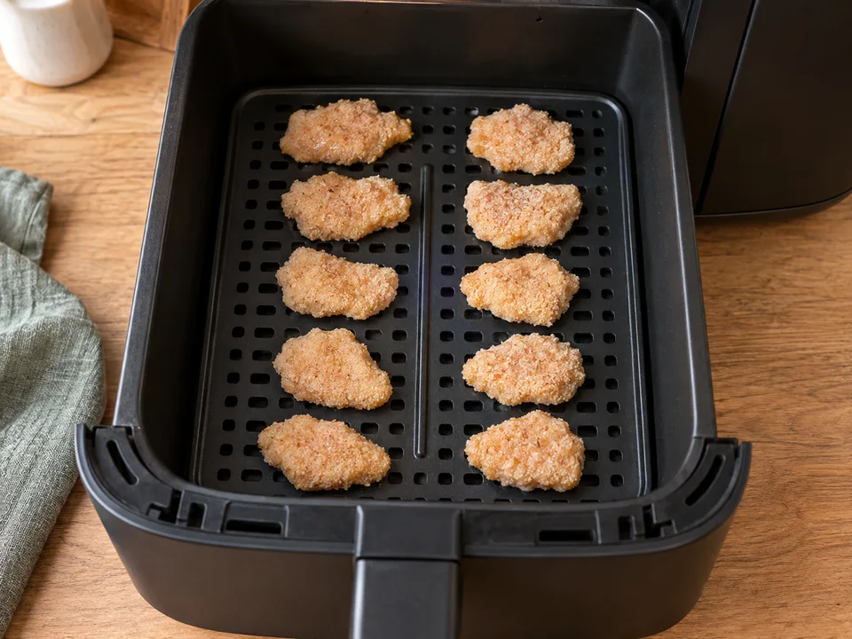 Je zehn Nuggets mit Abstand einlagig auf die Knusperplatte legen. Bei größeren Stücken lieber einen zusätzlichen Durchgang einplanen.