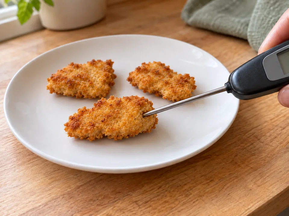 Mit einem sauberen Einstichthermometer die dickste Mitte eines großen Nuggets aus jedem Korb prüfen. Die gebräunte Panade allein ist keine Garprobe.