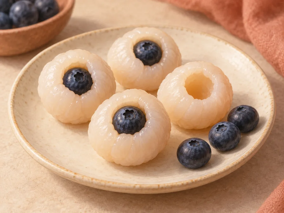 Je eine Blaubeere in die Öffnung einer gut abgetropften Litschi drücken.
