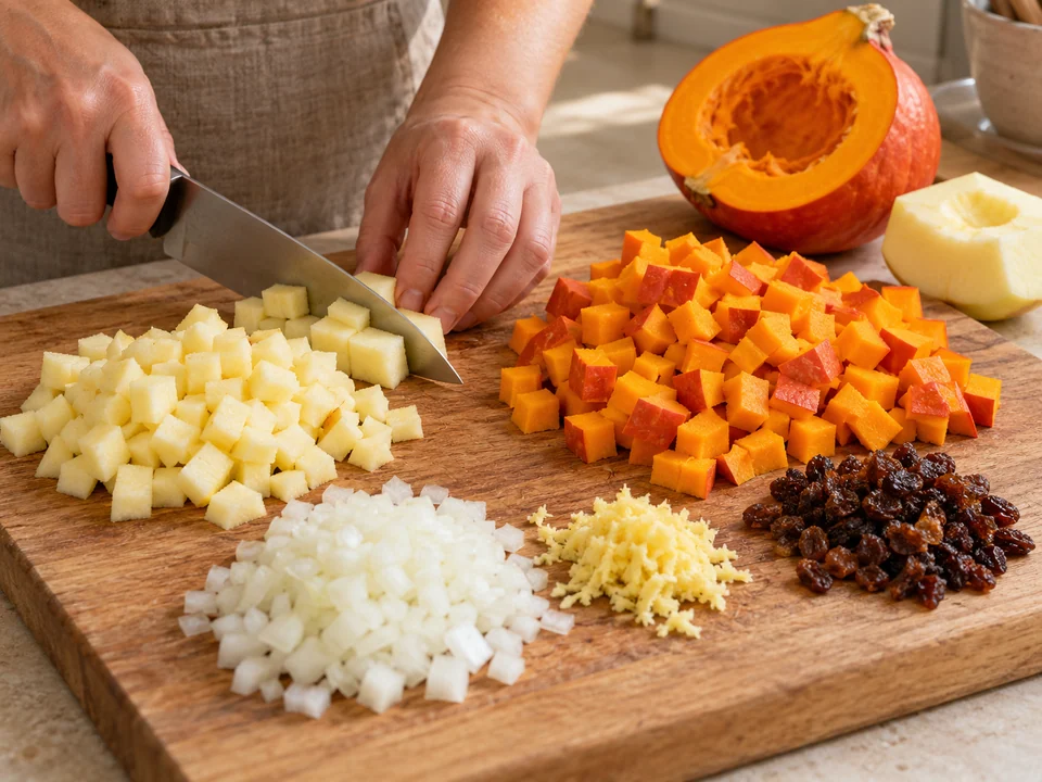 Frucht und Gemüse klein schneiden